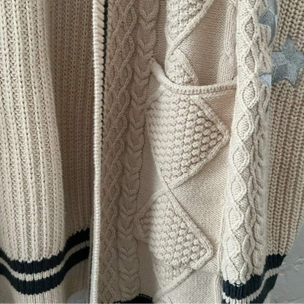 Altar’d State Oversized Cable Knit Cardigan Varsity Sweater Beige Star Patches - Picture 7 of 14